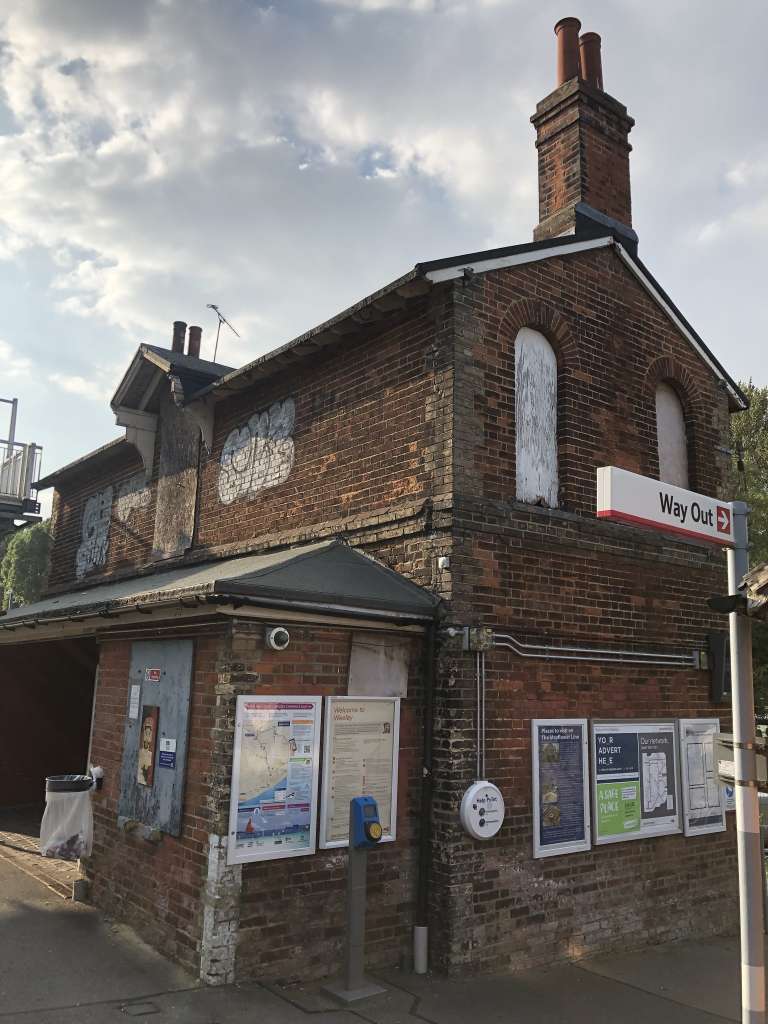 The platform frontage of Weeley station, with its unusual pergola waiting shelter (SBH)