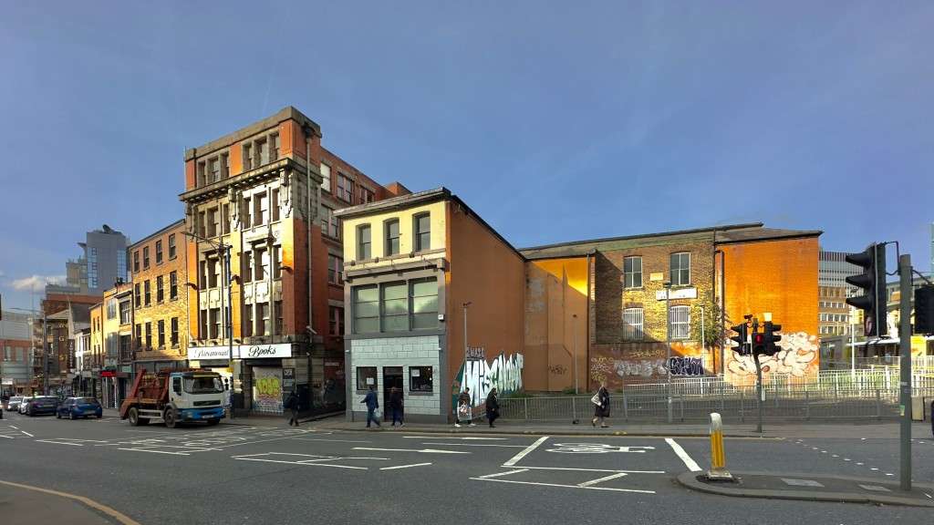 View towards application site with grade II-listed 29 Shudehill in the centre and row of Victorian w