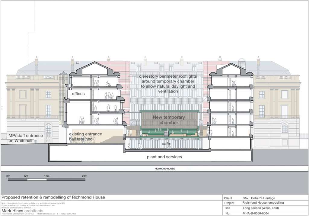 Cross-section by Mark Hines architects showing a temporary Chamber within Richmond House